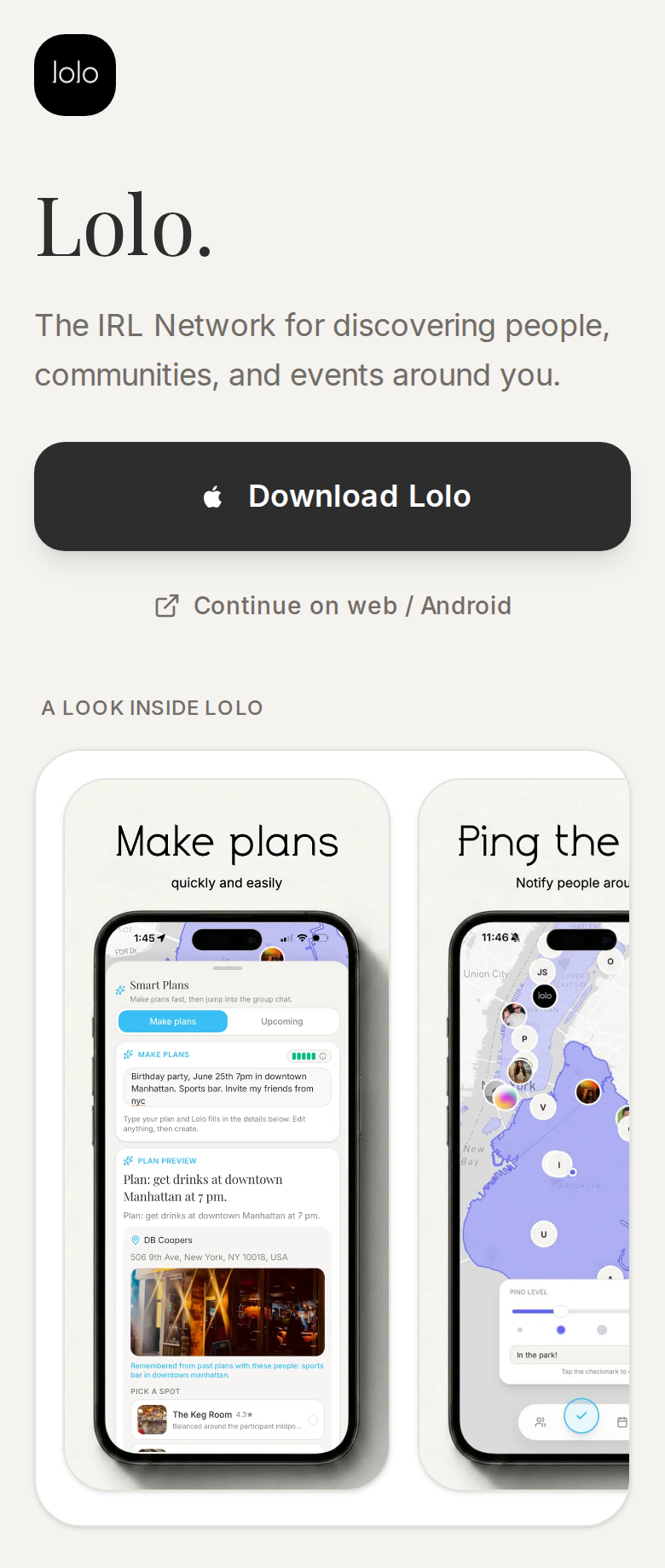Lolo platform chooser with iPhone download and web or Android options.