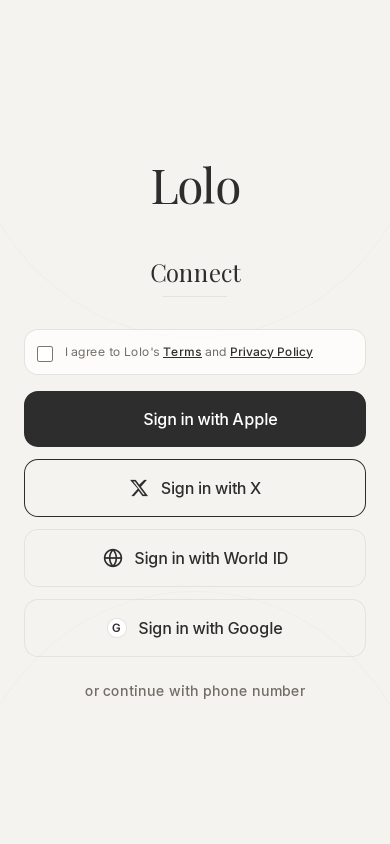 Updated Lolo sign-in screen with Apple, X, World ID, Google, and phone options.