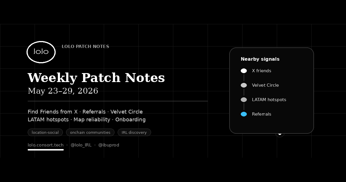 Lolo patch notes for May 23 to 29, 2026: Find Friends from X, referrals, event sharing, Velvet, LATAM growth, map reliability, and post-ping onboarding.
