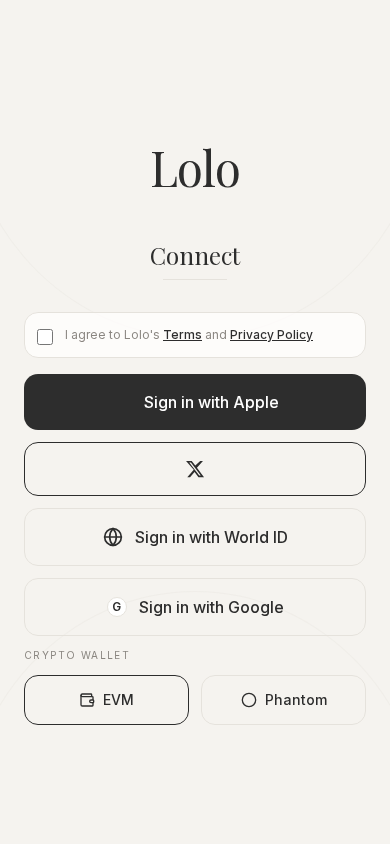 Mobile Lolo connect screen showing Apple, X, World ID, Google, EVM, and Phantom sign-in options.
