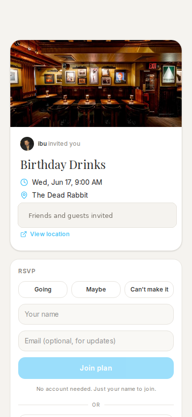 Mobile Lolo plan invite showing a guest RSVP flow with Going, Maybe, and Can't make it options.