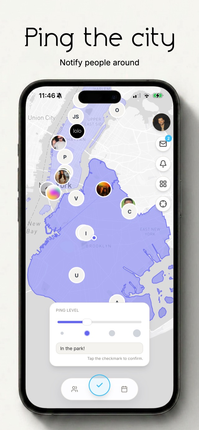 Lolo map screen showing nearby people, approximate location areas, and ping controls for sharing presence at a city or neighborhood level.