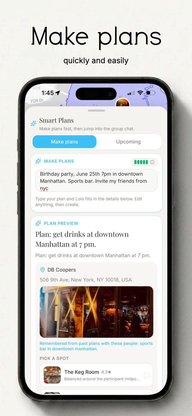 Lolo Smart Plans screen showing a make plans prompt, plan preview, venue recommendation, and place card for quickly coordinating with friends.