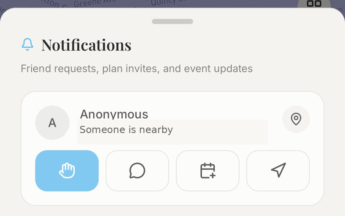 Lolo's nearby notification card with quick actions to wave, message, coordinate a plan, or locate the person on the map.