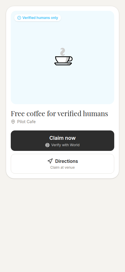 A Lolo Verified Offer with a verified-humans-only badge, Claim now with World action, and Directions action.