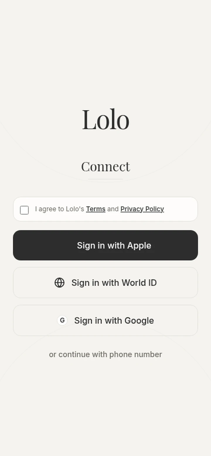 Lolo's simplified mobile sign-in screen with Apple, World ID, Google, and phone options.