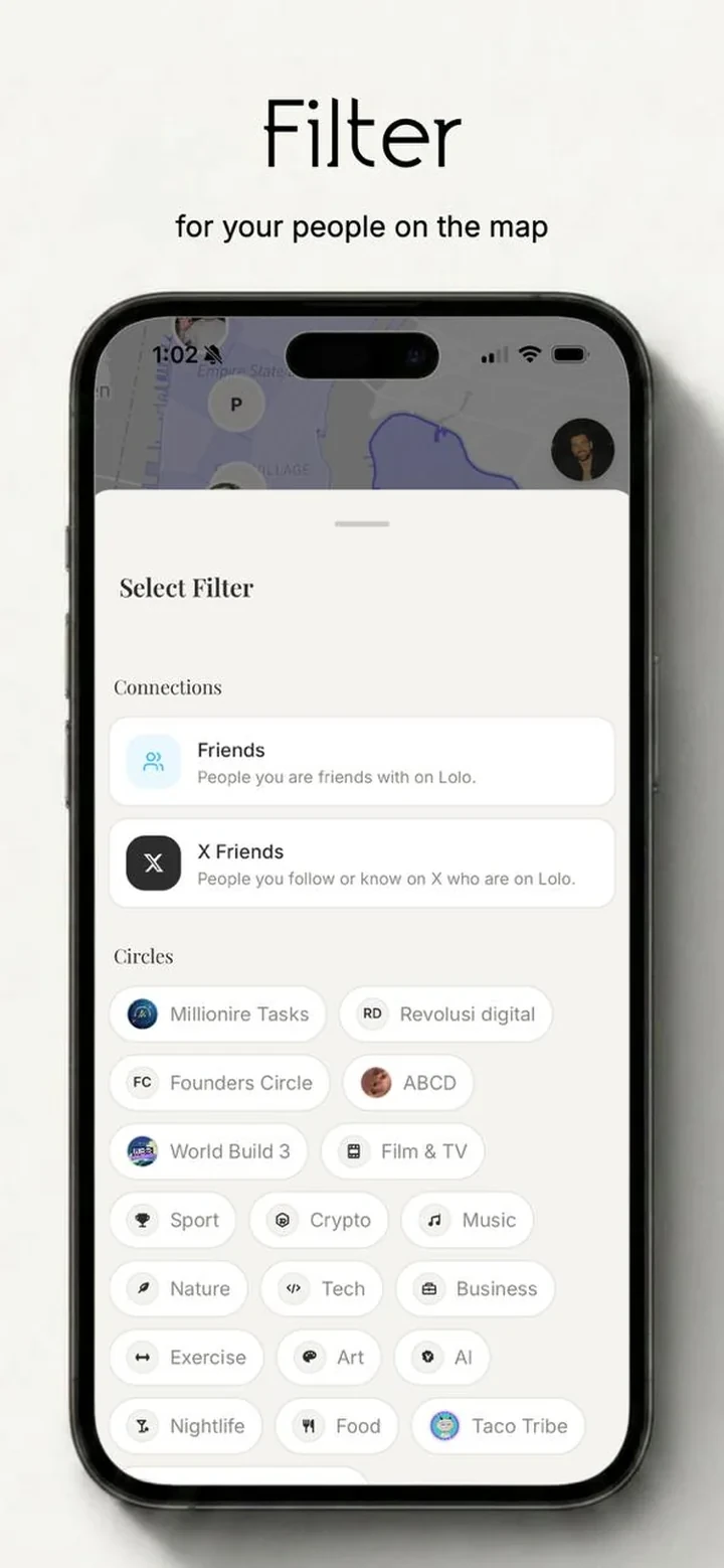 Lolo's map filter focused on friends, X friends, and Circles after legacy token filters were removed.
