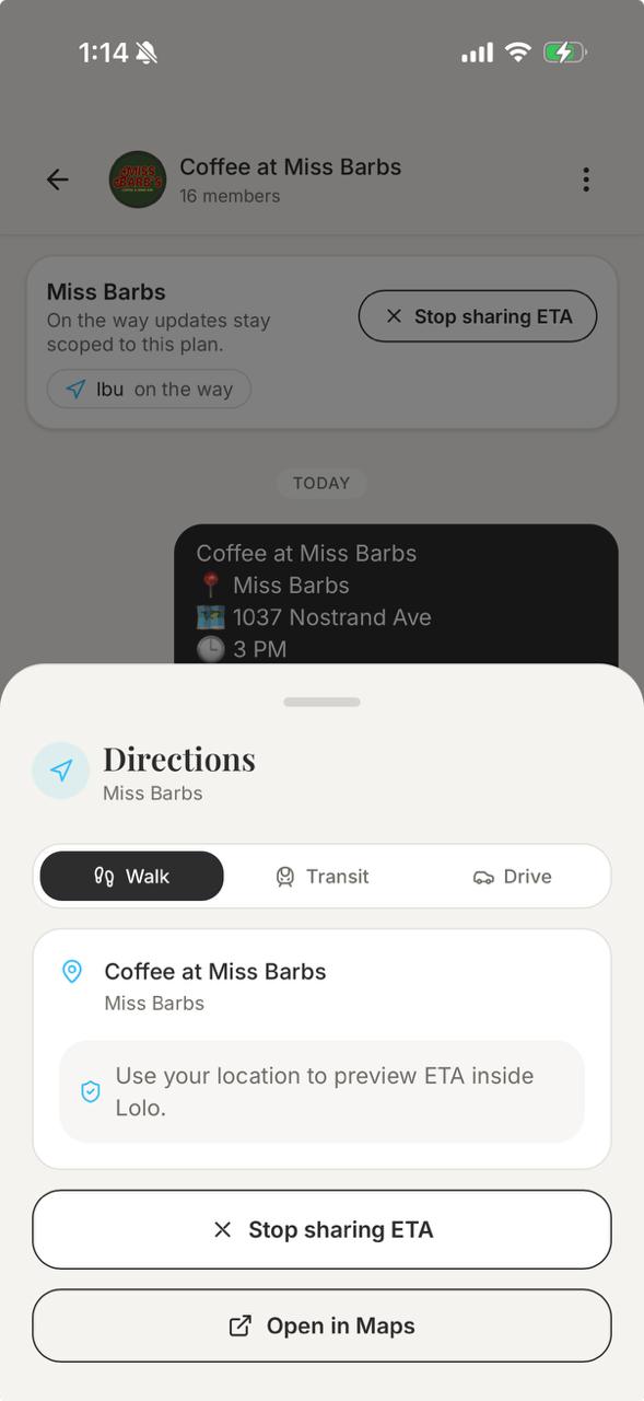 Lolo directions for the Coffee at Miss Barbs plan with walking, transit, driving, and scoped ETA sharing.