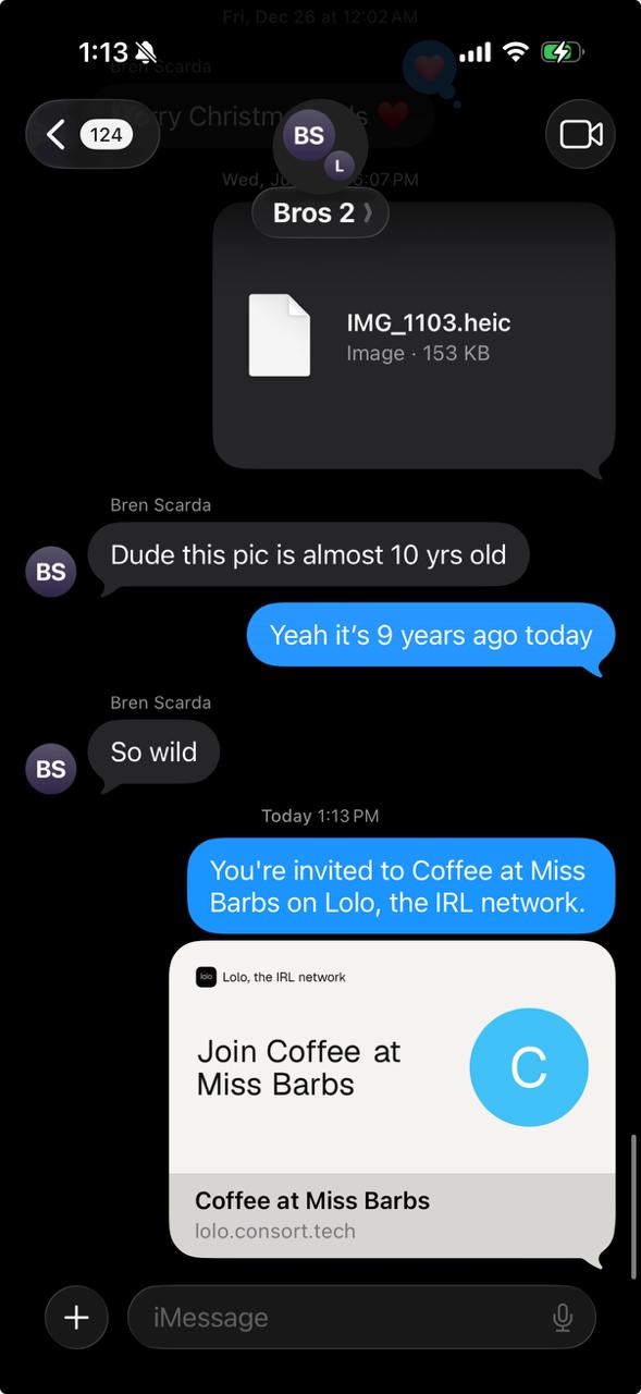 A Lolo Smart Plan invitation shared in an iMessage conversation with a rich Coffee at Miss Barbs preview.