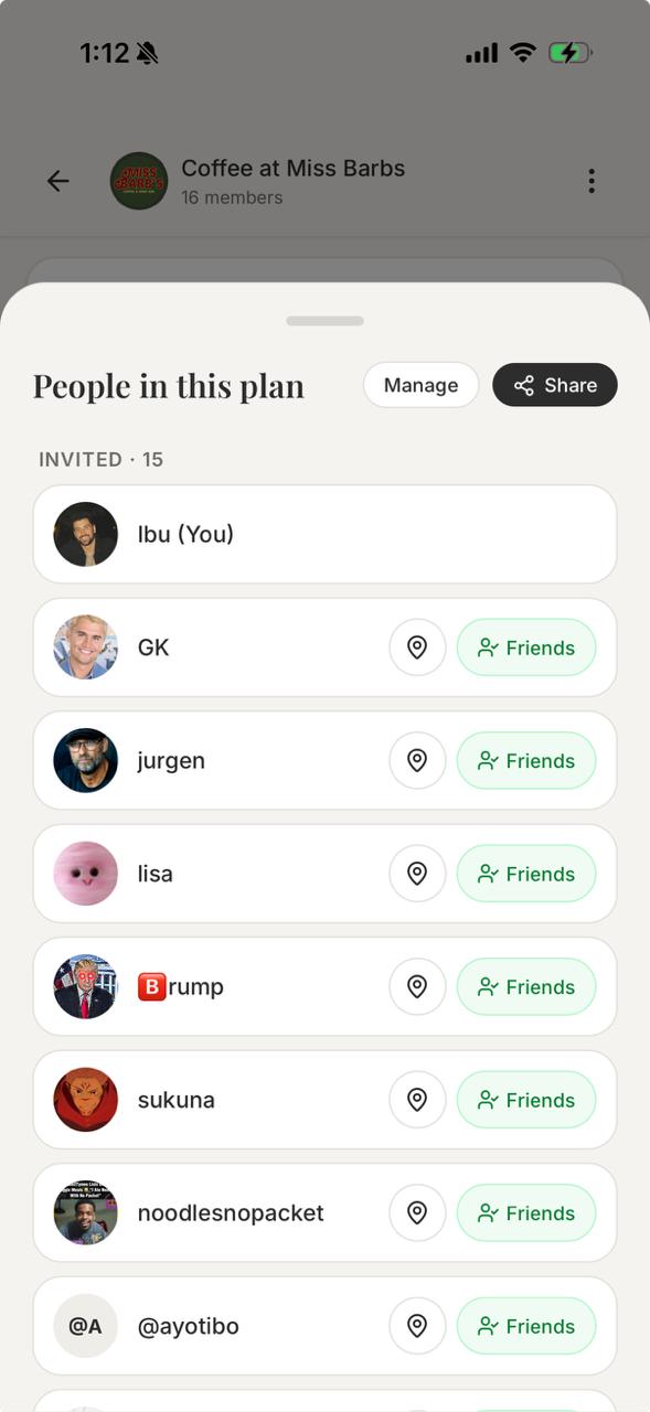 The people list for a Lolo coffee plan showing invited members and friend connections.