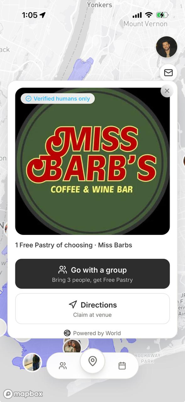 A verified Miss Barbs offer on the Lolo map with a free pastry reward, group plan action, and directions.