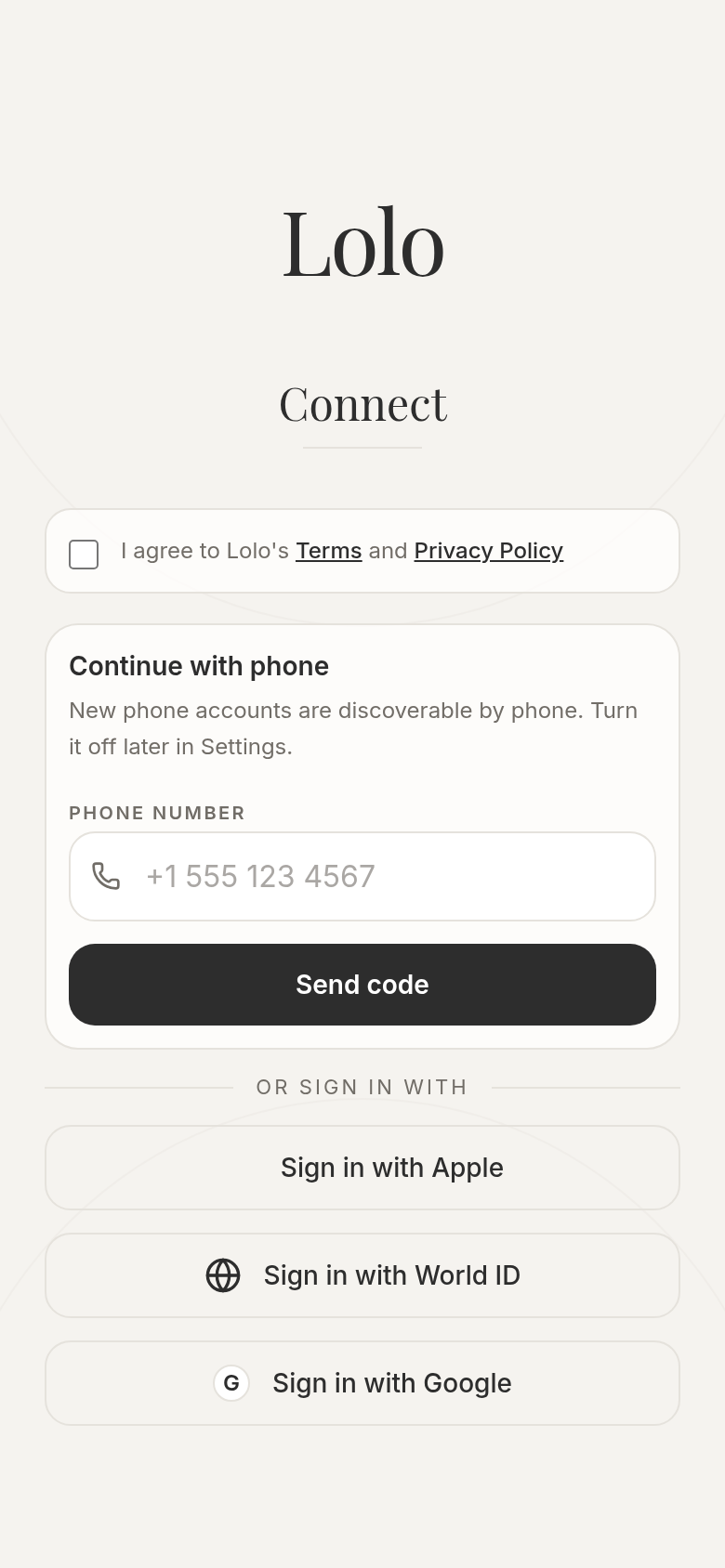 Lolo's mobile sign-in screen with the phone number field shown first, followed by Apple, World ID, and Google options.