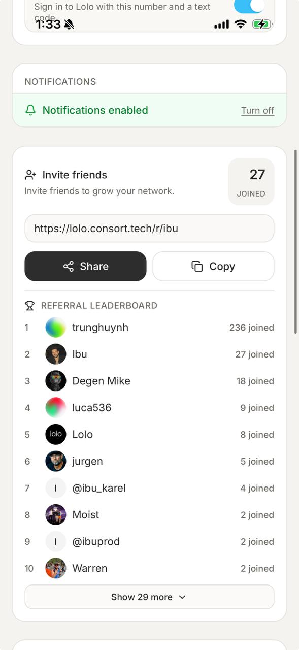 Lolo referral leaderboard showing the top 10 people and a Show 29 more button below the ranked list.
