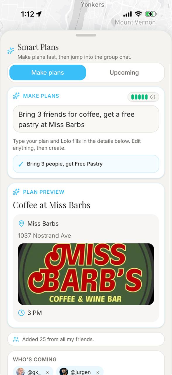 Lolo Smart Plans turning the Miss Barbs pastry offer into a coffee plan with a venue, time, and invited friends.