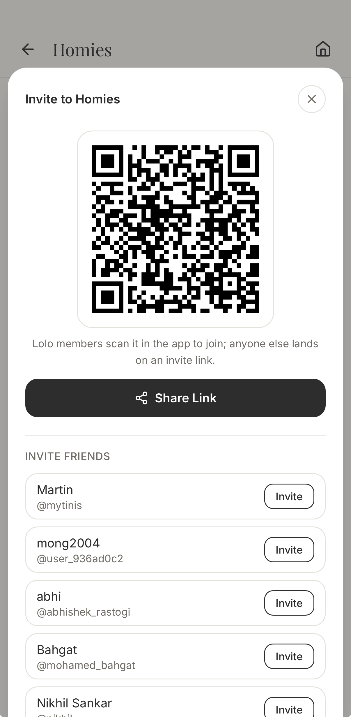 Lolo Circle invitation sheet showing a scannable QR code, a share link, and direct friend invitations.