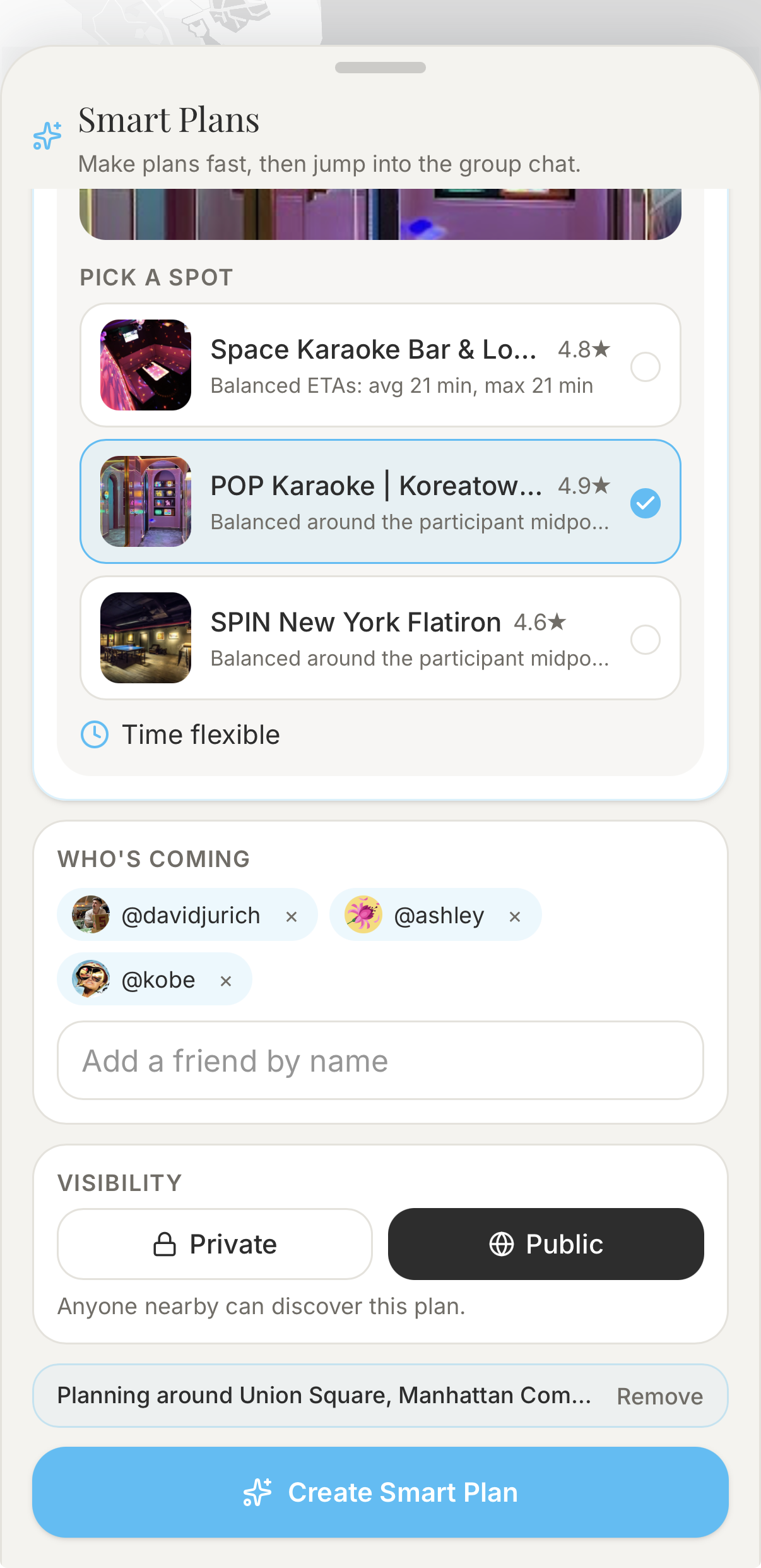 Lolo Smart Plans screen showing venue suggestions balanced around attendees, invitees, visibility controls, and an address-based planning anchor.