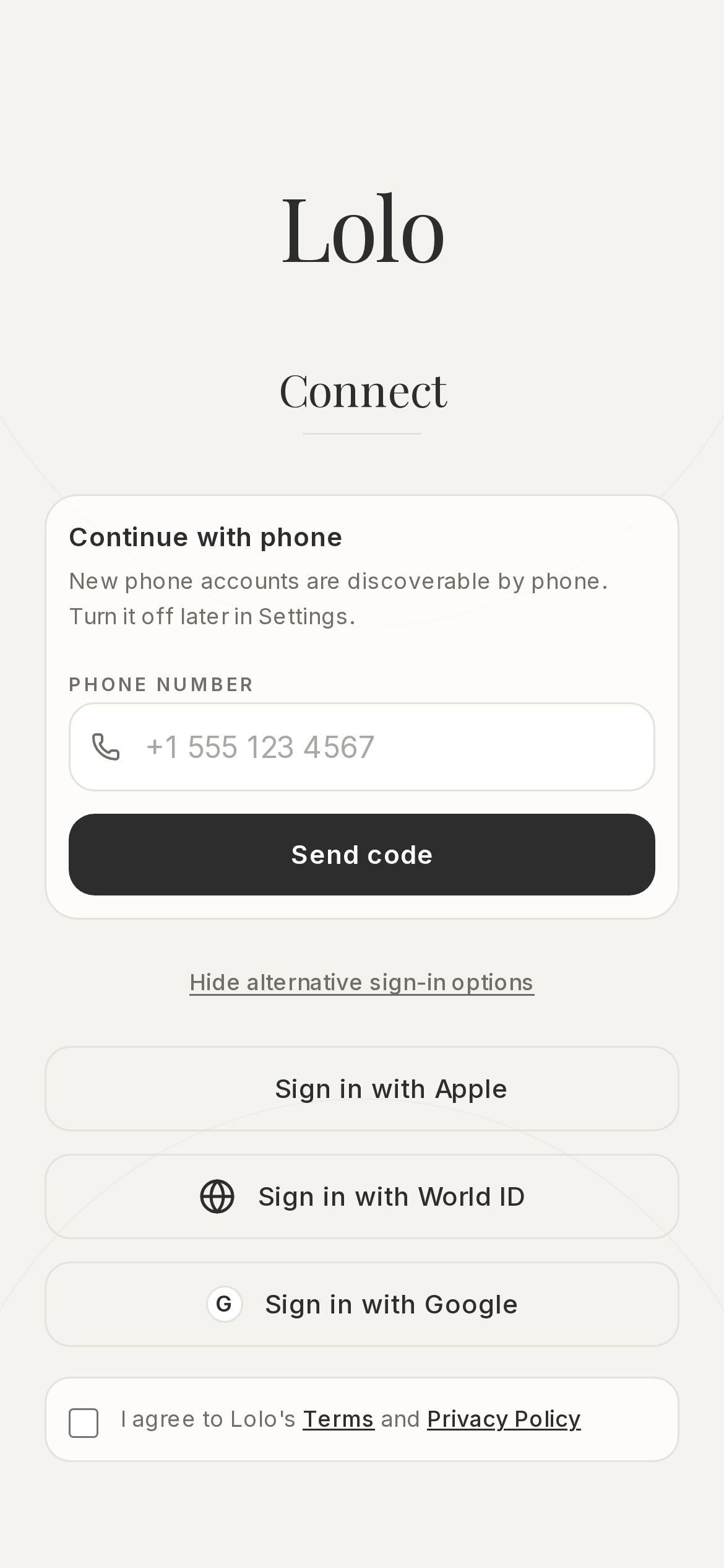 Lolo Connect screen with alternative sign-in expanded to show Apple, World ID, and Google beneath the phone form, followed by the Terms and Privacy consent row.