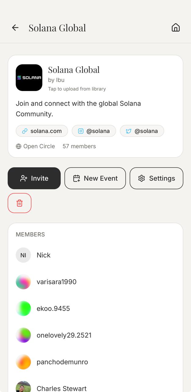 Solana Global Circle page showing its description, website and social links, open membership, member count, invite button, New Event button, settings, and member list.