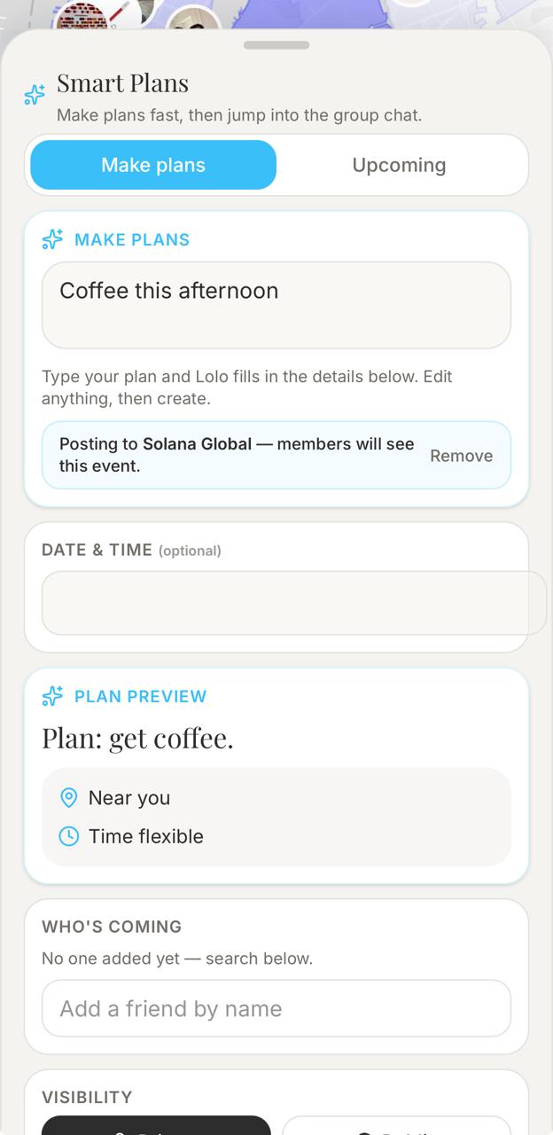 Lolo Smart Plans composer for a coffee event showing that the event will be posted to Solana Global for Circle members to see.