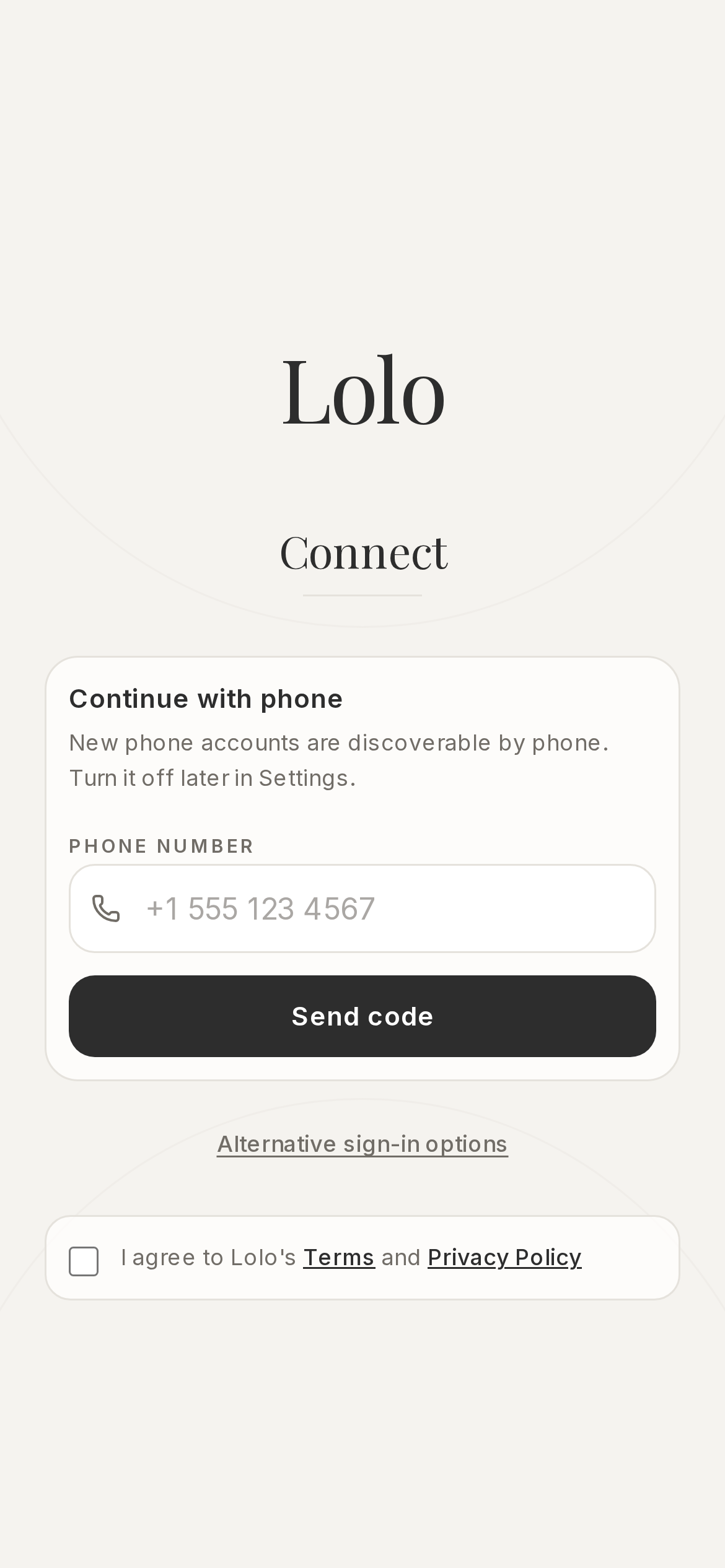Lolo Connect screen with phone sign-in as the primary visible option, a collapsed link for alternative sign-in methods, and the Terms and Privacy consent row below the form.