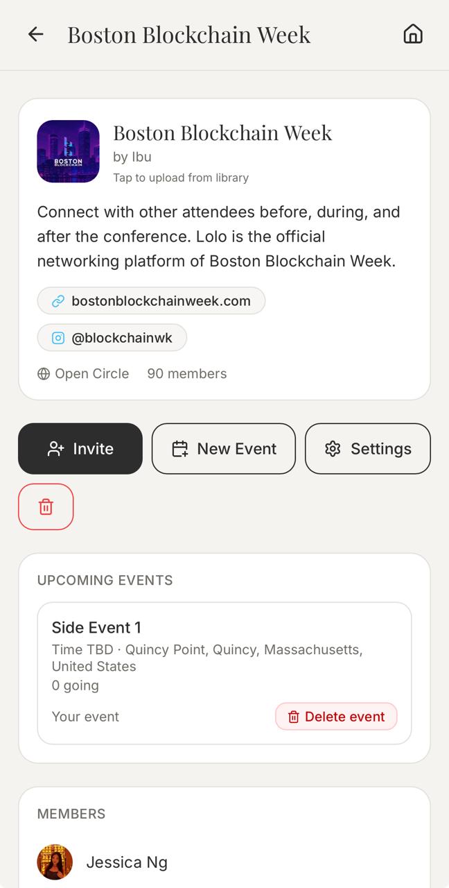 Boston Blockchain Week Circle in Lolo showing its description, organizer controls, and an upcoming event card.