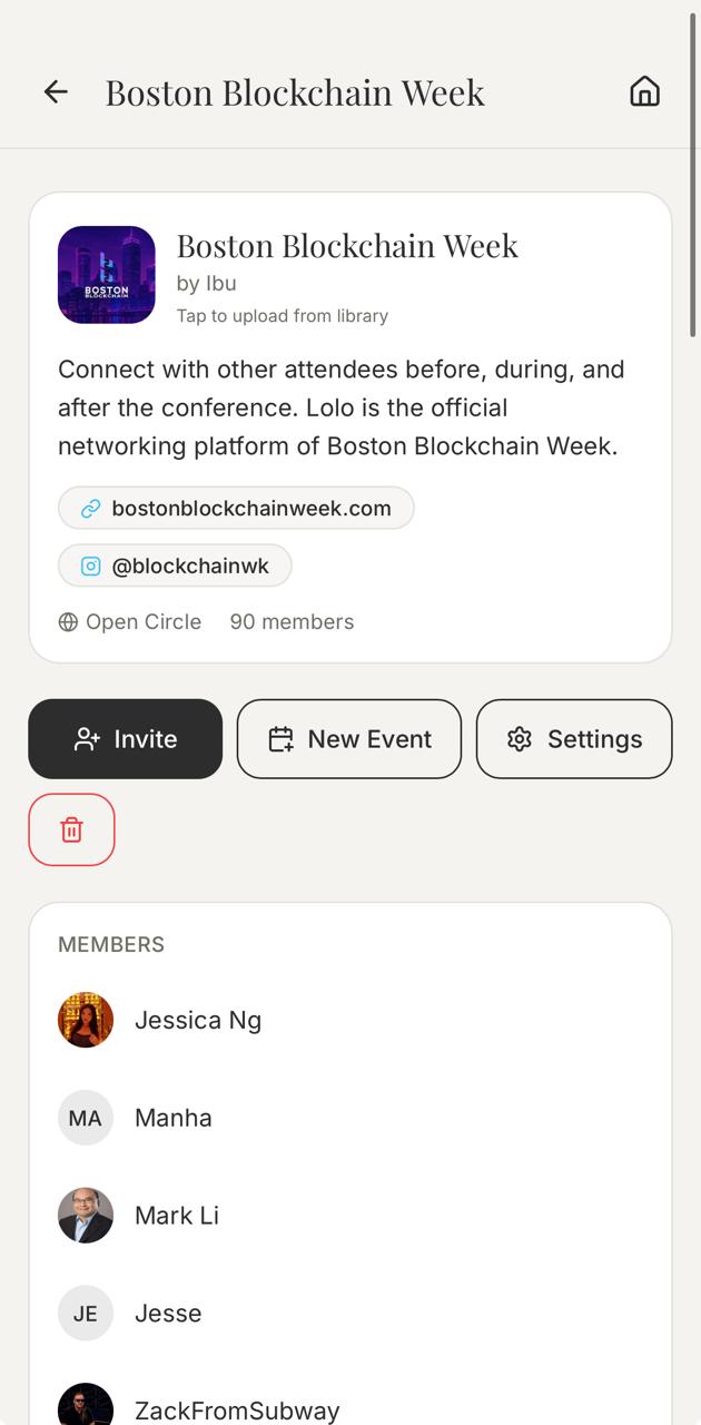Boston Blockchain Week Circle in Lolo showing the Circle details and a scrolling member list.