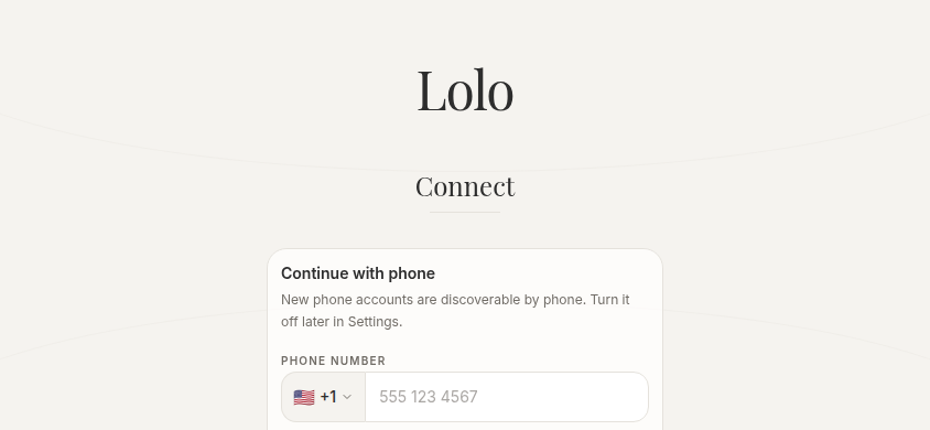 Lolo Connect screen displayed in a landscape phone-sized production viewport without a rotate-phone blocking message.