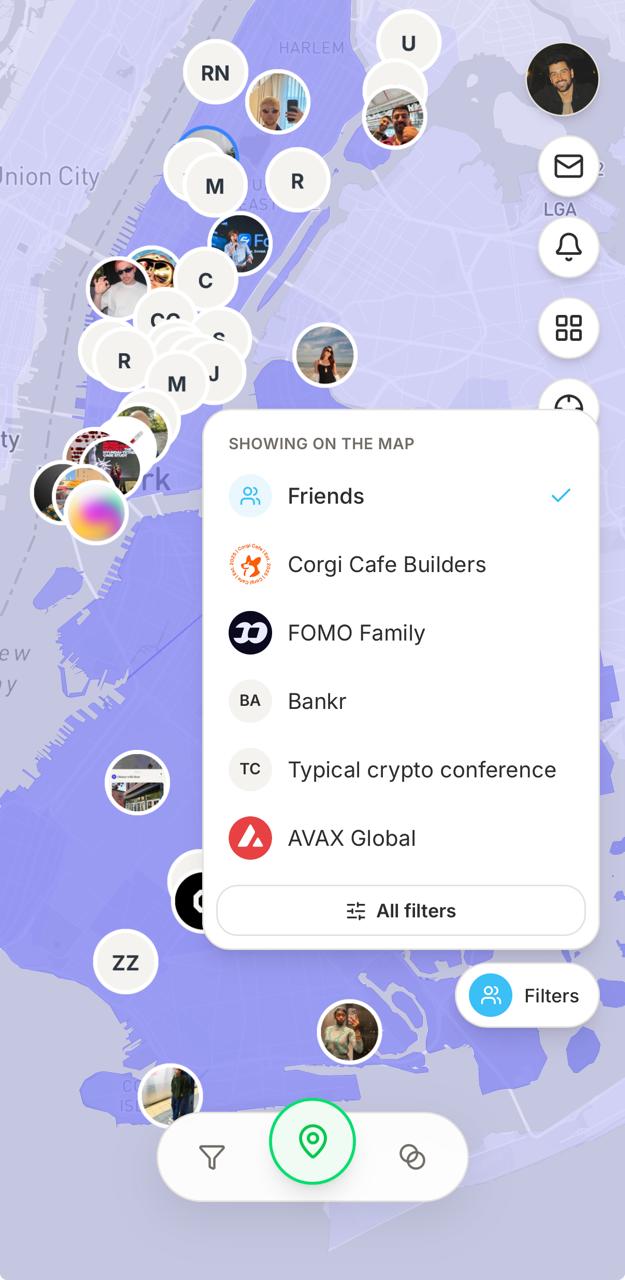 Lolo map over New York with Friends selected and several Circle filters visible in the map filter dock.
