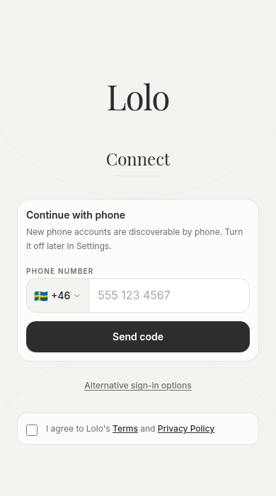 Lolo Connect screen in production with Sweden selected and the plus-46 dialing code beside an empty phone number field.